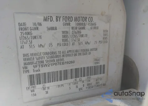 2007 Ford F250 Super Duty из США, поврежденный, VIN 1FTSW21P07EB19260